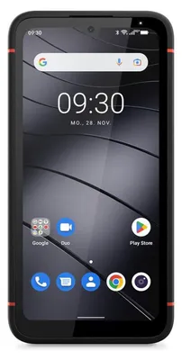 A smartphone is displayed front-on against a dark, textured background.