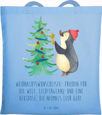 Produktbild von Mr. & Mrs. Panda Einkaufstüte Pinguin Weihnachtsbaum - Sky Blue - Geschenk, Laptoptasche, Weihnachten, Schultasche, Einkaufstasche, Tasche, Winter, totebag, Büchertasche