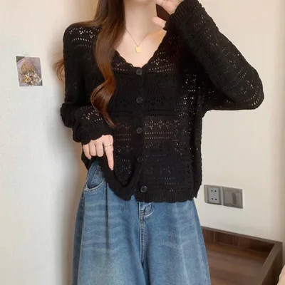 Produktbild von 360Home Damen Strickjacke mit Lochmuster Einfaches Design Überziehbare Strickjacke Schwarz