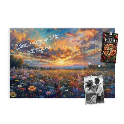 Produktbild von Magnettafel 90x60cm Pinnwand Whiteboard beschreibbar - Blumenwiese Sonnenuntergang