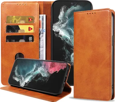Produktbild von Smartphonica Samsung Galaxy S22 Ultra leren  hoesje met magnetische sluiting en pashouders book case – Bruin