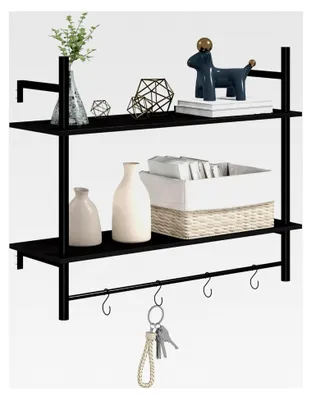 Produktbild von Wandregal mit 2 Ebenen, 4 Haken und Stahlrahmen für Eingangshalle, Wohnzimmer und Schlafzimmer, 80x24x65 cm, Schwarz