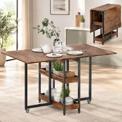 Produktbild von Klapptisch Esstisch klappbar, Küchentisch Industrial, 2 Klappseiten, Spanplatte, Rustikal-Braun | 133 x 80 x 75 cm | bis 50 kg | mit Rollen