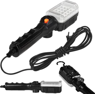 A product shot of a black LED work light with a coiled power cord and a plug.