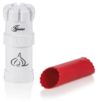 Produktbild von Genius Knoblauch-Schneider G5 Set 2-tlg. Knoblauchpresse - Manueller Zerkleinerer für feine Würfel, Knoblauch Reibe inkl. Knoblauchschäler, Weiß-Rot