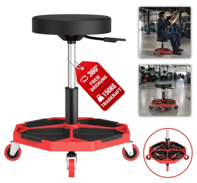 Produktbild von NAIZY Werkstatthocker Werkstattsitz, belastbar bis 150 kg, rollbar mit 5 Rädern, höhenverstellbar, praktische Werkzeugfächer für Profi‑ und Hobby‑Werkstatt