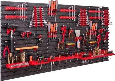 Produktbild von Nástěnný regál 158x78 cm Držáky na nářadí, Velkoplošný regál Vizuální úložné boxy, Extra silné nástěnné panely, Rozšiřitelný regál, Dílenský regál Dílenský nástěnný regál bez šroubů