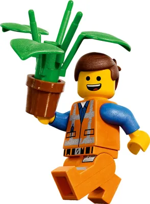 A Lego minifigure holding a potted plant.