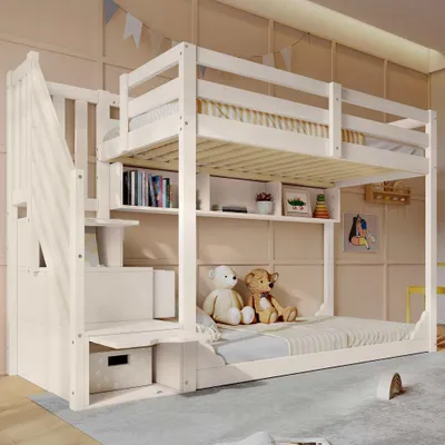 Produktbild von Raumsparendes Kinder-Etagenbett aus Holz mit Treppenschrank, Sicherheitsgeländer und Ablagefächern, ideal für Geschwister, 90x200 cm, Weiß