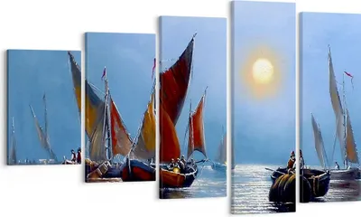 Produktbild von Bild auf Leinwand - Leinwandbild - Boote Sonne Fischer Angeln - 100x60cm - Wand Bild - Wanddeko - Leinwanddruck - Bilder - Kunstdruck - Wanddekoration - Leinwand bilder - Wandkunst - EG100x60-2957