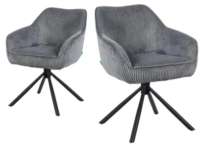 Produktbild von Esszimmerstühle 2er Set drehbar mit Taschenfederkern, hoher Sitzkomfort, bis 150 kg belastbar, Cord-Stoff Grau, Metall-Kreuzgestell, modernes Design
