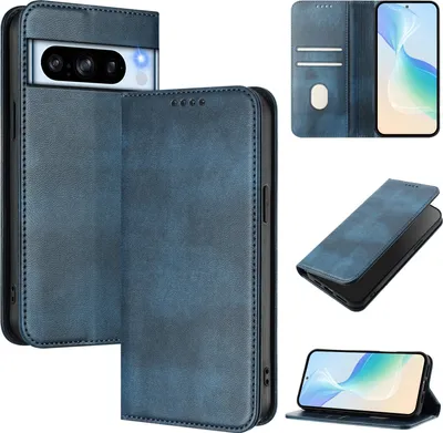 Produktbild von Handyhülle für Google Pixel 8 Pro, Vintage Leder RFID Schutz Kartenfach Standfunktion Magnetische Klapphülle Blau
