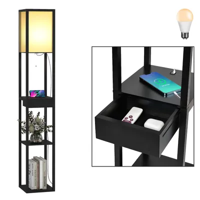 Productafbeelding van Puluomis 3-laags staande lamp met lade, staande lamp 160 cm met E27 fitting, vloerlamp van hout met 2 USB-poorten, inclusief 8W lamp, kleur zwart