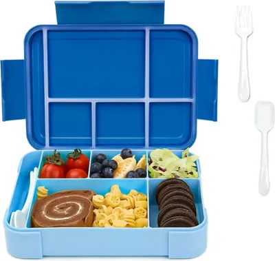 Obrázek produktu pro Svačinový box, Bento box, Vzduchotěsný svačinový box s 5 přihrádkami a sadou příborů, Krabice na svačinu, Snídaňový box