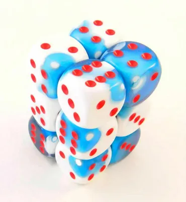 Produktbild von Chessex Gemini 16mm d6 with pips Dice Blocks (12 Dice) - Astral Blue-White w/red