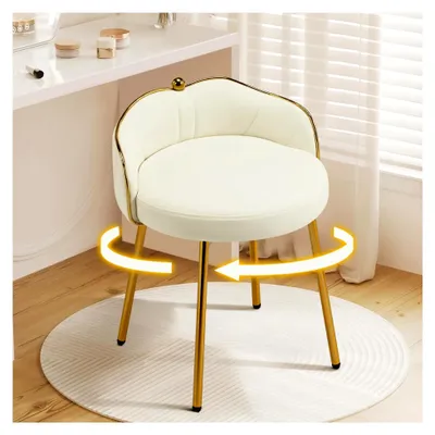 Produktbild von Drehbarer Schminktischhocker ohne Armlehnen mit goldenen Metallbeinen, Sitzhocker für Schlafzimmer, Wohnzimmer und Esszimmer, Beige