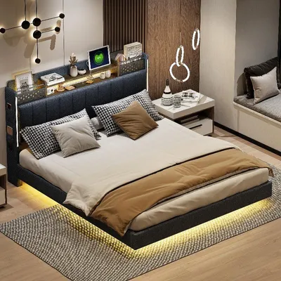 Obrázek produktu pro Postel s čalouněnou konstrukcí 160x200 cm s LED osvětlením a USB zásuvkou v čele, čelo postele s úložným prostorem a policemi, potah z lněné tkaniny, barva šedá, vhodná do ložnice