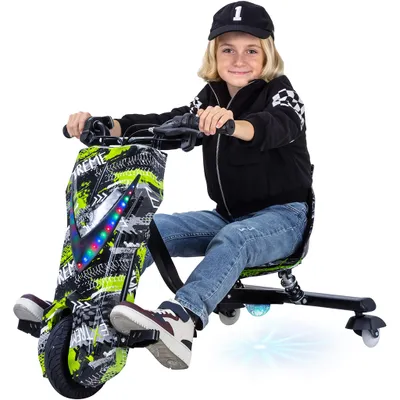Produktbild von Kinder Elektro Drift Trike | Drift Scooter - Drift Cart - Bis zu 15km/h - LED Driftrollen 360° - Hupe - 3 Geschwindigkeitsstufen (Grün Polo)