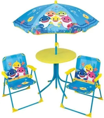 Produktbild von FUN HOUSE Baby Shark Gartenmöbel – 1 Tisch H.46xø46 cm, 2 Stühle H.53xB.38,5xT.37,5 cm und 1 Sonnenschirm H.125 x ø100 cm