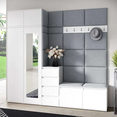 Produktbild von Garderoben-Set BERLIN – Kleiderschrank mit Polsterplatten, Schuhschrank und Schrankaufsatz 90 cm, für Flur und Eingangsbereich (Weiß, Trinity 14)