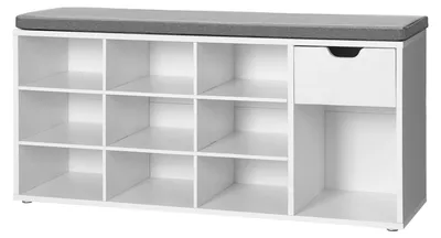 Produktbild von Schuhbank - Schuhregal mit Schublade - Offene Fächer - Gepolsterte Sitzfläche - Für Flur/Schlafzimmer - Weiß