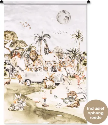 Produktbild von MuchoWow® Wandteppich Wandbehang Bus - Tiere - Kinder - Jungen - Mädchen - Palme 90x135 cm Tapisserie Dekoration Wandtuch - Baumwolle - Wandskulptur