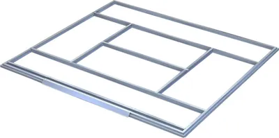 A 3D rendering of a metal frame for a garden shed.