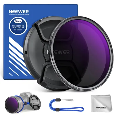 Produktbild von NEEWER 58mm ND2-400 (1-9 Stop) Variabler ND Filter mit Objektivdeckel Trageband Reinigungstuch präziser Einstellung der Neutraldichte Graufilter Fingerabdruck Kratzfest mehrschichtiges optisches Glas