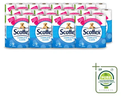 Imagen del producto de 12 rollos de papel higiénico Scottex Complete Clean, de doble capa, en un paquete grande