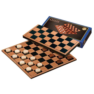 A checkers board game with pieces and its packaging.