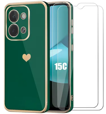 Image de Coque + 2 Verres Trempés pour Xiaomi Redmi 15C 4G/5G - Silicone avec Motif Cœur Antichoc Slim Vert Nuit