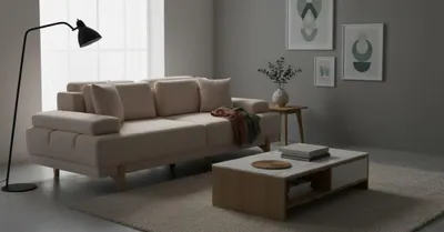 Produktbild von 3-Sitzer-Sofa Beige Farbe Moderner Stil Weiche Armlehnen Großes Sofa