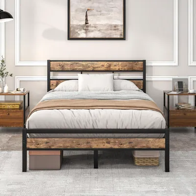 Image de Structure de lit en métal, lit 120 x 200 cm avec sommier à lattes, métal/bois, tête de lit pour chambre à coucher, chambre d'amis, lit double, 120 x 200 cm, style vintage