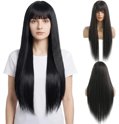 Zdjęcie produktu dla Solidchoice - Naturalna, czarna, długa, gładka peruka z grzywką - peruka damska, 60 cm