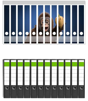 Produktbild von Wallario 12 Stück schmale Ordner inkl. Klebeetiketten mit Motive Lustiger Affe mit Bananen -  Set mit Rückenschildern / Ordnerrücken Stickern