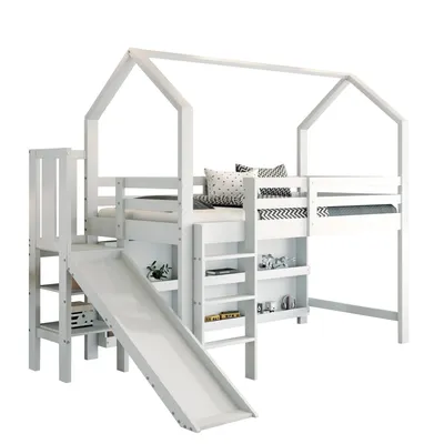 Produktbild von Hochbett mit Lattenrost und Rutsche, 90x200 cm, Kinderbett mit Regal und Rausfallschutz, Kiefer