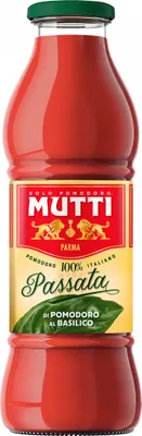 A bottle of Mutti Passata with basil.