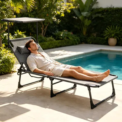 Image de YARDIN : Transat large pour plage, avec coussin pour la tête, supportant jusqu'à 100 kg, facilement transportable grâce à ses sangles, idéal pour le parc, la plage et le jardin. Couleur : noir