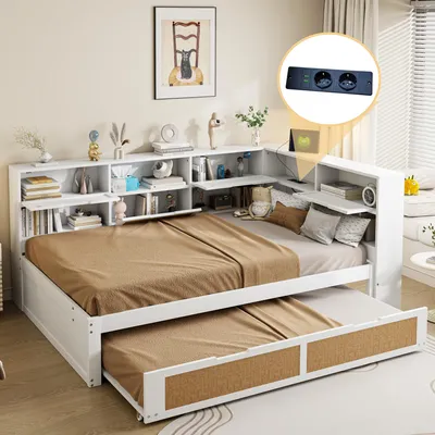 Produktbild von Schlafsofa aus Holz, 140 x 200 cm, mit Ausziehfunktion, multifunktionales Einzelbett, Kinderbett mit viel Stauraum und Ladeanschluss, weiß