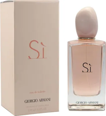 Giorgio Armani Sì Eau de Toilette 150 ml mit beigefarbener Box, zart roséfarbenem Duft und rundem, glänzendem Verschlussdeckel.