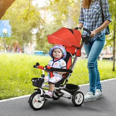 Produktbild von Kinderdreirad 6 in 1 mit Schiebestange Dach Gurt und Ablagekorb Dreirad Faltbar Kinderwagen Fahrrad bis 25 kg für 1-5 Jahre Kinder Rot