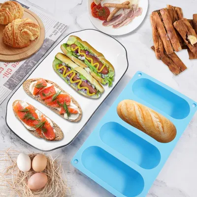 Produktbild von Set von 2 Hotdog-Brötchenformen, Silikon-Hotdog-Brötchenform, Wurstform, antihaftbeschichtet und hitzebeständig, Backform, Brotform für selbstgemachte Hotdog-Brötchen
