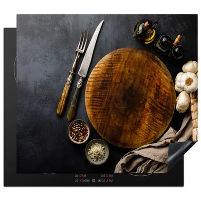 Produktbild von KitchenYeah© Herdabdeckplatte Besteck - Schneidebrett - Küche - Geschirrtuch , 57x51cm, Küche Deko, Glaskeramikkochfeld Herdabdeckung, Abdeckplatte fùr Kochfeld