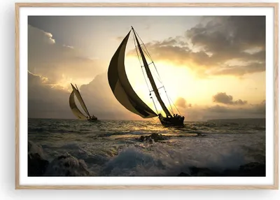 Produktbild von Gerahmtes Poster - Rahmen in heller Eiche - Schiff Sonnenuntergang Sonne Landschaft - 100x70 cm - Wand Bild - Wanddeko - Wandbilder - Wandposter - Bilderrahmen - Bilder - Kunstdruck - P2NAA100x70-3158