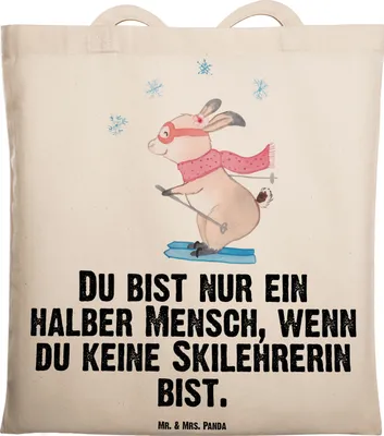 Produktbild von Mr. & Mrs. Panda Tote Bag Skilehrerin Herz - Transparent - Geschenk, Einkaufstasche, Uni Tasche, Baumwolltasche, totebag