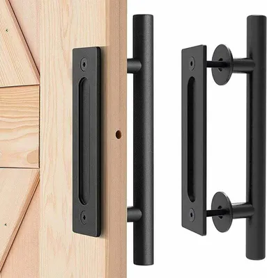 Two black sliding door handles are shown against a white background, with one handle attached to a wooden door.