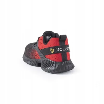 A single red and black shoe is shown from the back on a white background.