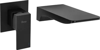 A black wall-mounted faucet and its control handle.