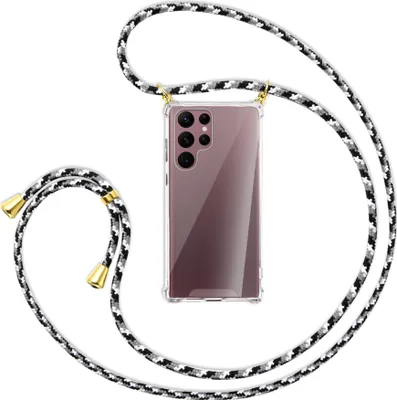 Produktbild von Handykette Backcover-Schutzhülle mit Band (Metall goldfarben) für Samsung Galaxy S22 Ultra 5G (S908) - schwarz/grau/weiß