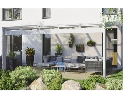 Produktbild von Terrassenüberdachung SKAN HOLZ Novara mit Pfostenlaschen 557x309 cm weiß